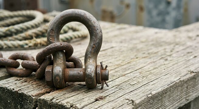 Vintage rusty iron shackle and heavy chain link on weathered wood. Close up of industrial marine hardware with copy space