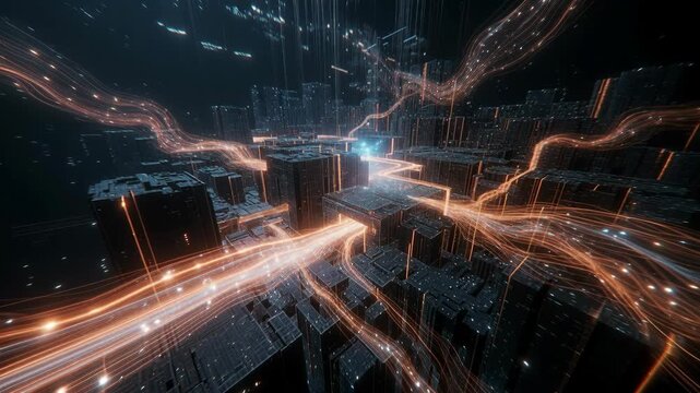 Glowing data streams weave through a dark futuristic city in a digital style, symbolizing connected technology and innovation