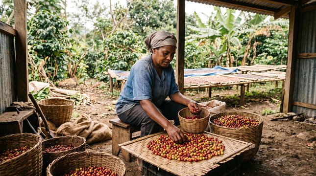 local farmer sorting freshly harvested coffee beans in a rustic shed