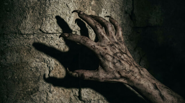 A terrifying close up of a monstrous creature hand with sharp claws reaching out against a dark stone wall