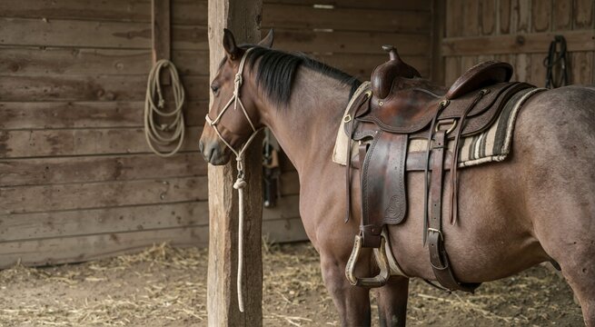 Brown horse wearing vintage leather saddle and stirrups inside a wooden barn. Western equestrian equipment on roan horse