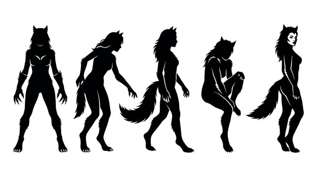 Female werewolf silhouettes in various dynamic poses showcasing her fierce and powerful nature with detailed features and expressive forms.