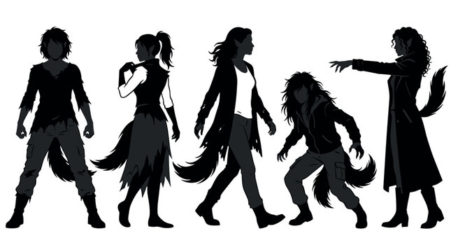 Fantasy characters with pointed ears and tails are depicted in various dynamic poses, showcasing their mysterious and supernatural nature.
