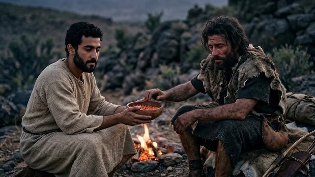Jacob Offers Esau a Bowl of Stew Beside a Campfire in Biblical Genesis Scene Symbolizing Birthright Temptation Hunger Choice Family Conflict Deception Inheritance Faith and Consequences Between Brothe