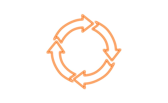 Four orange neon arrows in a circle pattern isolated on transparent background