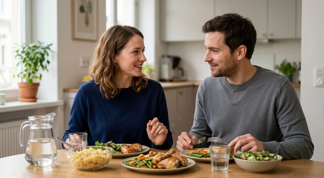 Happy couple talking over healthy dinner at dining table. Young man and woman enjoying balanced meal of chicken, vegetables, and pasta at home