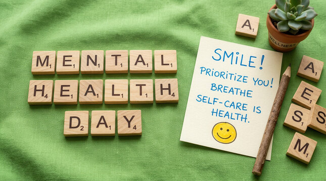 Mental Health Awareness Day Message With Scrabble Tiles And Plant