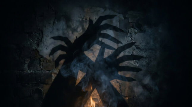 Creepy shadow of long clawed hands emerging from dark smoke in front of a glowing fire background