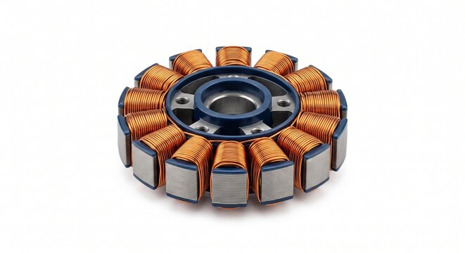 High-torque brushless motor stator for commercial UAV propulsion. Micro-machined iron core with copper coils and thermoset plastic frame. Macro drone hardware isolated on white background.
