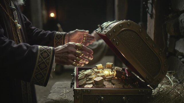 Melchior Opens a Treasure Chest of Gold as a Gift for Baby Jesus During Christmas Nativity Symbolizing Epiphany Worship Faith Royal Offering and Sacred Christian Adoration in Bethlehem