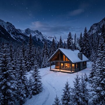 Cozy wooden cabin illuminated in a snowy mountain forest at night