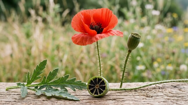 Artistic composition of red poppy flower parts including a bloom, whole seed pod, and sliced pod revealing seeds on a weathered wooden plank