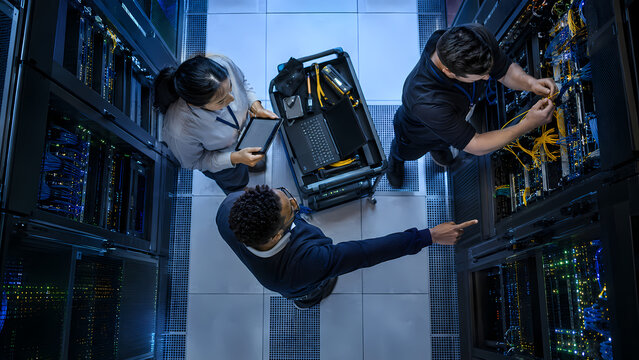 Three IT technicians inspect server racks from a data center aisle, working on network cables and equipment beside a rolling cart, illustrating infrastructure maintenance and network operations