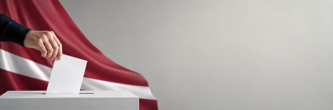 Voter inserts a ballot into a voting box during elections in Latvia. Latvian flag fills the polling backdrop. Democracy and civic participation concept.