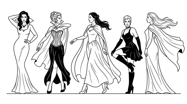 Five elegant women wearing dramatic capes and dresses showcase a stunning collection of fashionable and powerful gothic-inspired attire.