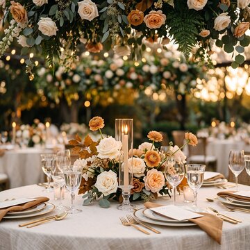 Elegant wedding reception table setting with floral centerpiece and candles