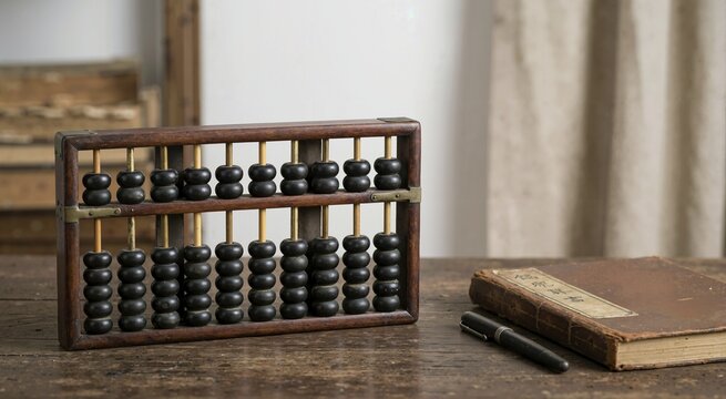 Vintage Chinese abacus on rustic wooden desk. Traditional wooden counting tool with antique ledger and pen. Retro accounting concept