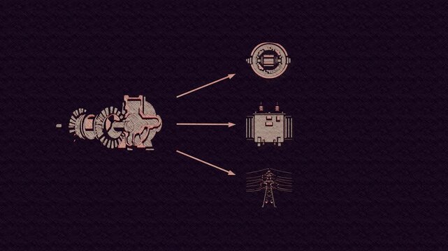 Steam drives the turbine, the generator produces current, the transformer raises voltage, and towers route it toward the substation. Flat 3D style with a graphite pencil texture.