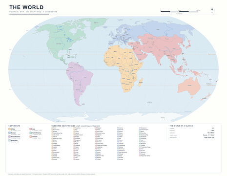 Political world map with 177 countries capitals and continent colours in Robinson projection