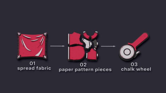 Fabric cutting aligns pattern pieces, marks the layout with chalk, and separates the spread into garment panels. Flat 3D style with smooth matte surfaces; objects numbered and labelled in English.