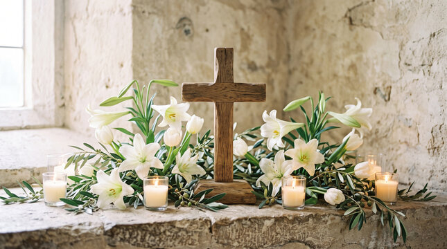wooden cross with white easter lilies and burning candles