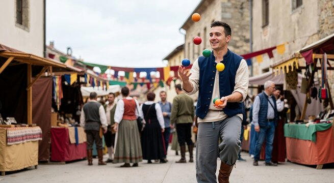 Cheerful street performer juggling colorful balls at outdoor renaissance carnival. Juggler entertainer in costume at historic medieval market