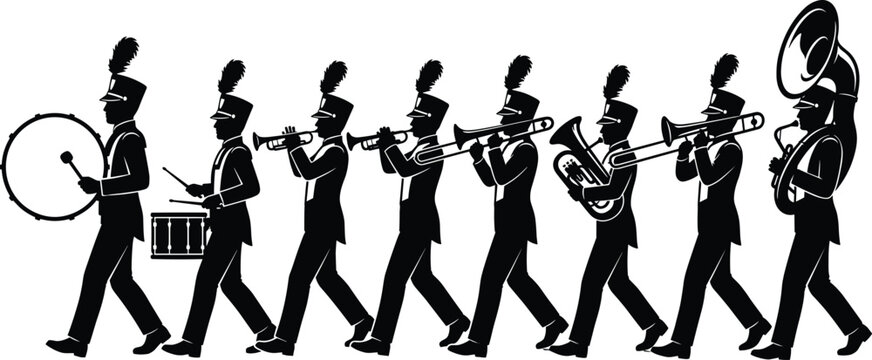 Marching band musicians silhouette parade walking in line playing brass instruments and drums isolated on white background