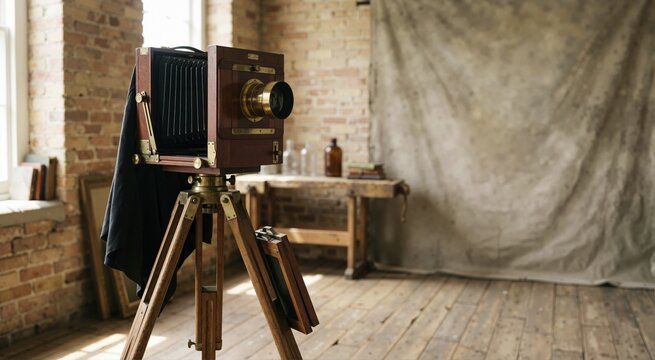 Antique large format bellows camera on wooden tripod in retro photo studio. Vintage brass plate camera with canvas backdrop