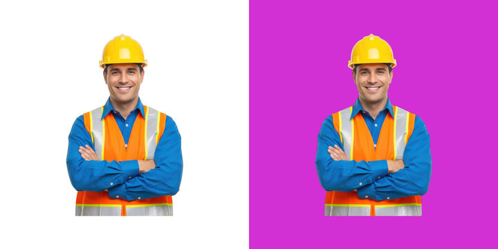 Smiling construction worker in safety gear standing with folded arms transparent png