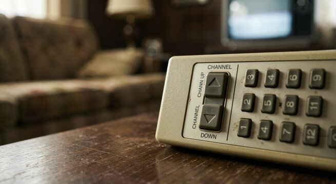 Vintage television remote control buttons closeup on wooden table. Retro tv channel changer in living room