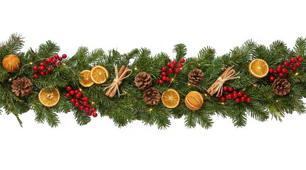 Obraz premium Christmas garland with pine branches, cinnamon, orange slices, and berries isolated on transparent background
