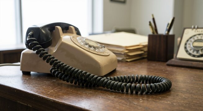 Vintage rotary dial telephone with coiled cord on wooden desk. Classic retro office phone and paperwork