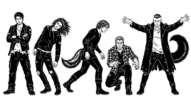 Six stylized male fantasy characters are depicted in various dynamic poses, showcasing their edgy and supernatural appearances in a graphic novel art style.