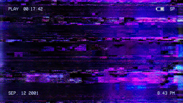 Purple and blue VHS glitch overlay with pixelated datamosh and camcorder interface