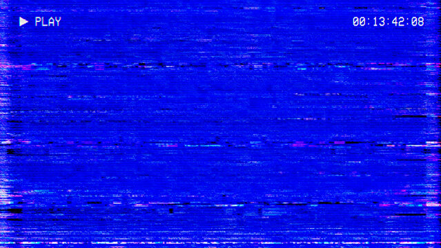 Blue screen VHS glitch overlay with play timecode retro no signal background