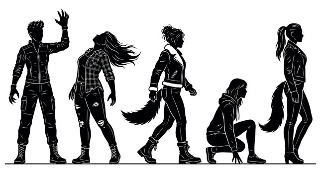 Stylized silhouettes depicting a supernatural transformation sequence, showcasing various stages of human-to-werewolf metamorphosis in a dynamic, illustrative style.