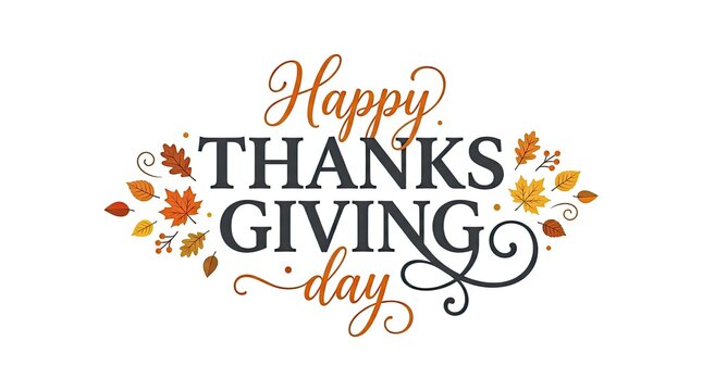Happy thanksgiving day typography design with decorative autumn leaves and seasonal elements on a white background