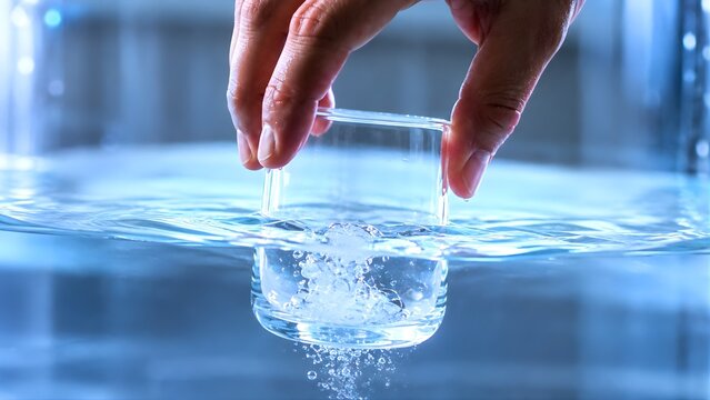 Hand dipping bottom of clear drinking glass into pool water
