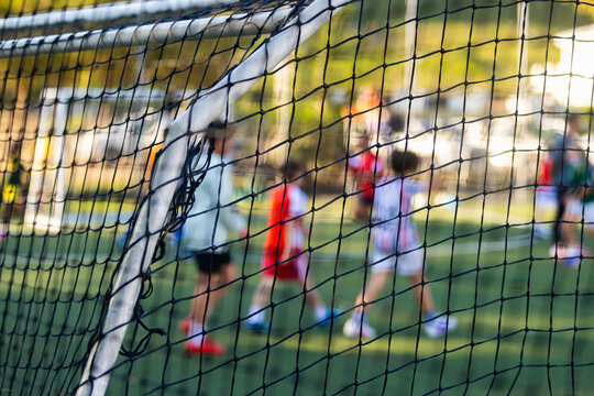 abstracted view of goalie net and goalie in late afternoon light