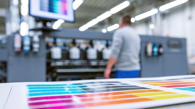 Print specialist reviewing color proofing sheet in professional printing facility with copy space