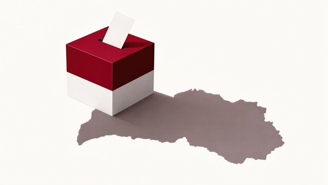 Ballot paper enters a Latvian voting box above the map of Latvia. The scene represents civic engagement and parliamentary democracy. Concept for election coverage and education.