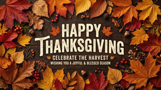Happy thanksgiving message surrounded by colorful autumn leaves on a rustic wooden background