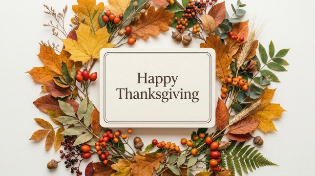 Festive autumn wreath with a happy thanksgiving message on a white background