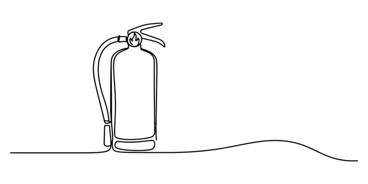 Fire extinguisher drawn in one single continuous line art style showing safety equipment for emergency fire protection and prevention of home accidents
