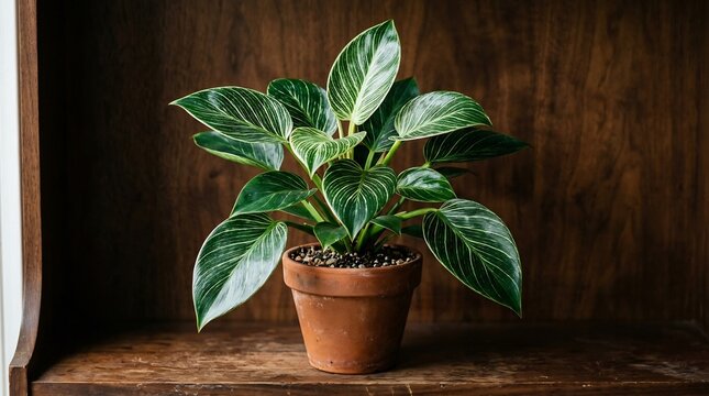 High angle view of a healthy variegated philodendron plant with white striped foliage in a clay pot situated on a polished dark brown wooden surface