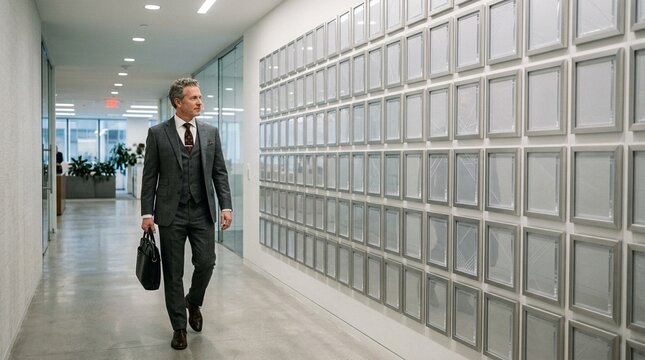 Business Executive Walking Past Wall of Framed Deal Tombstones, Investment Banking Office, Corporate Achievement History, Career Success
