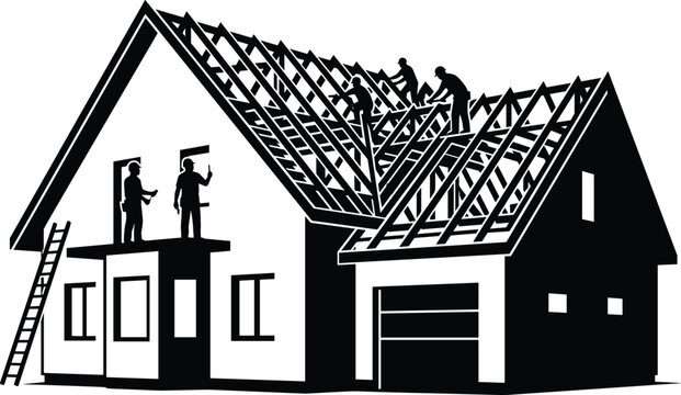 Construction builders silhouette working on a house roof frame installing wooden trusses isolated on white background