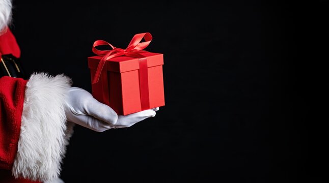 Santa Claus hand in white glove holding red gift box against black background
