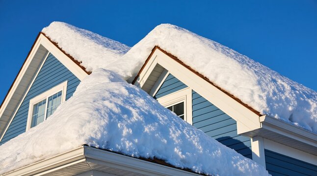 Heavy snow on gables of blue house under bright winter sky