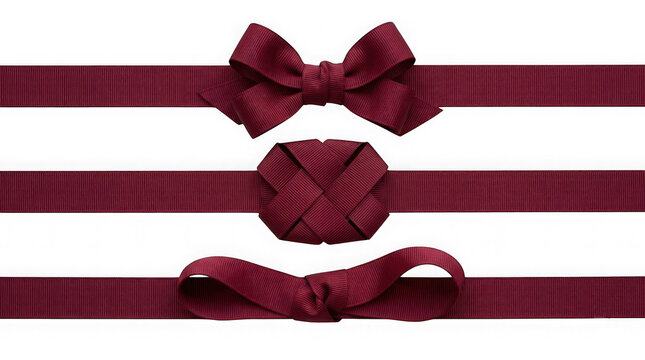 Set of three decorative burgundy ribbon bows isolated on transparent background